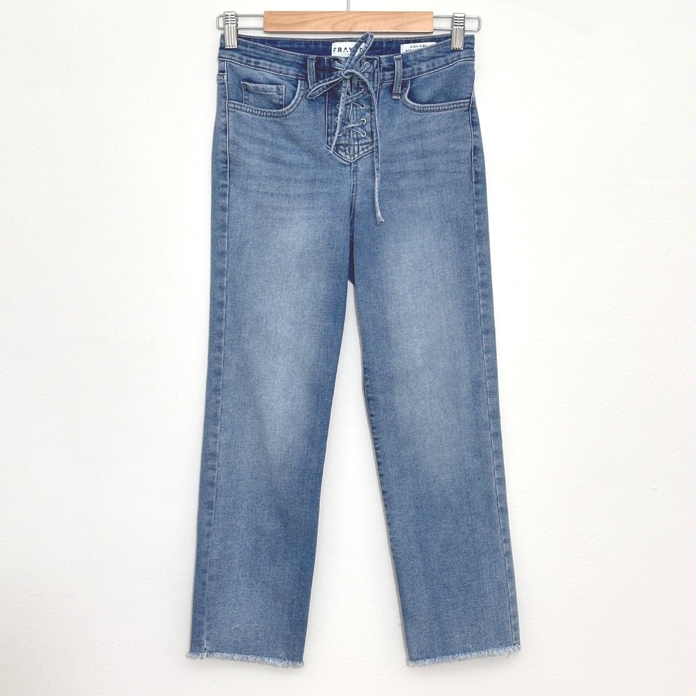 Frayed Womens Jeans 2/26 Blue Lace Up High Rise Straight Crop Denim Retro Edgy